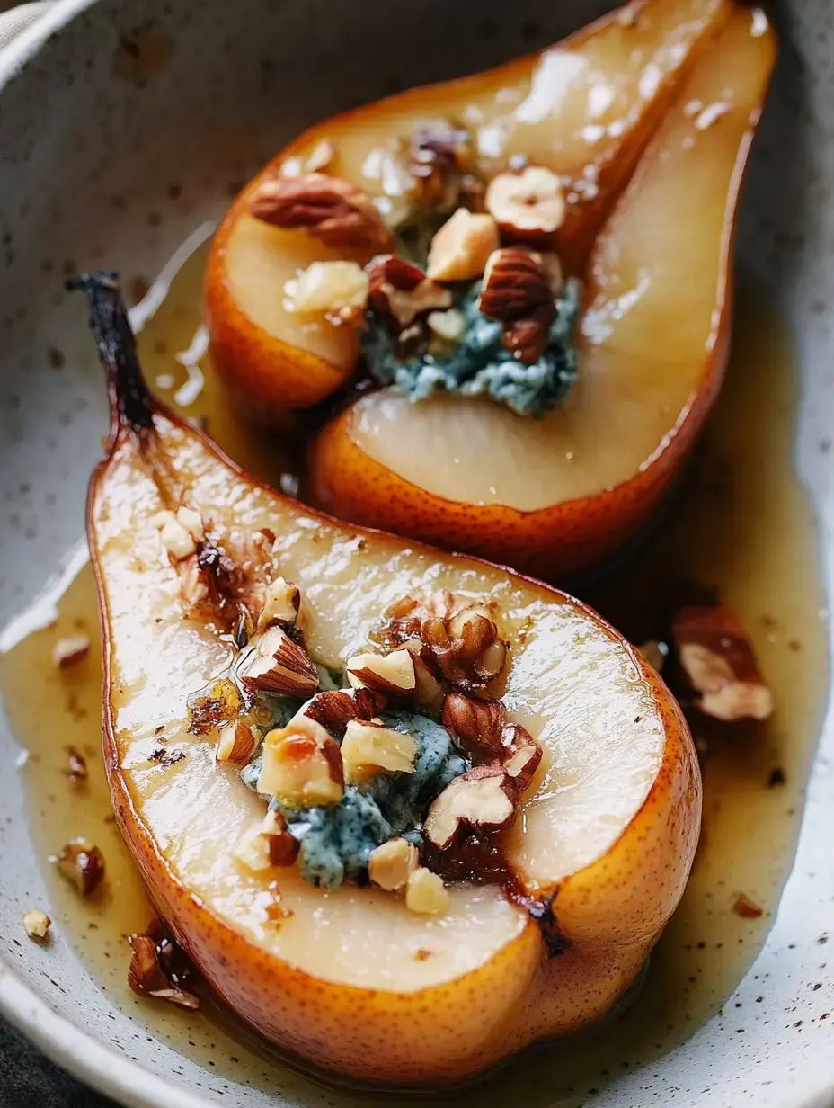 You see two roasted pear halves with blue cheese and crushed nuts in a stylish bowl, syrup pooling at the bottom.