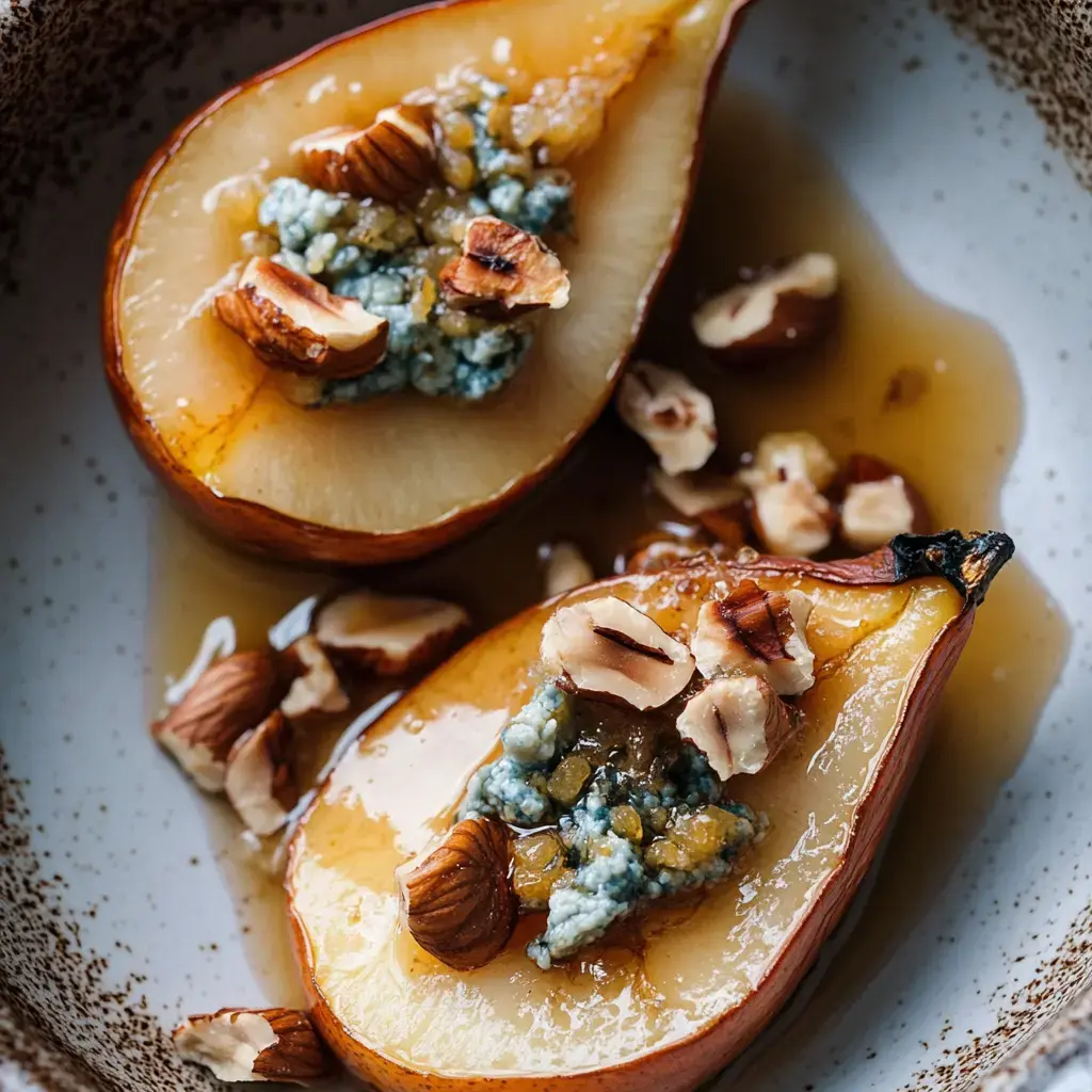Two baked pear halves with syrup, melty cheese, and chopped hazelnuts on a patterned plate.