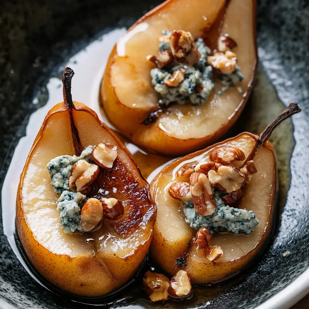 Three roasted pears on a dark platter, each crowned with cheese and nuts.