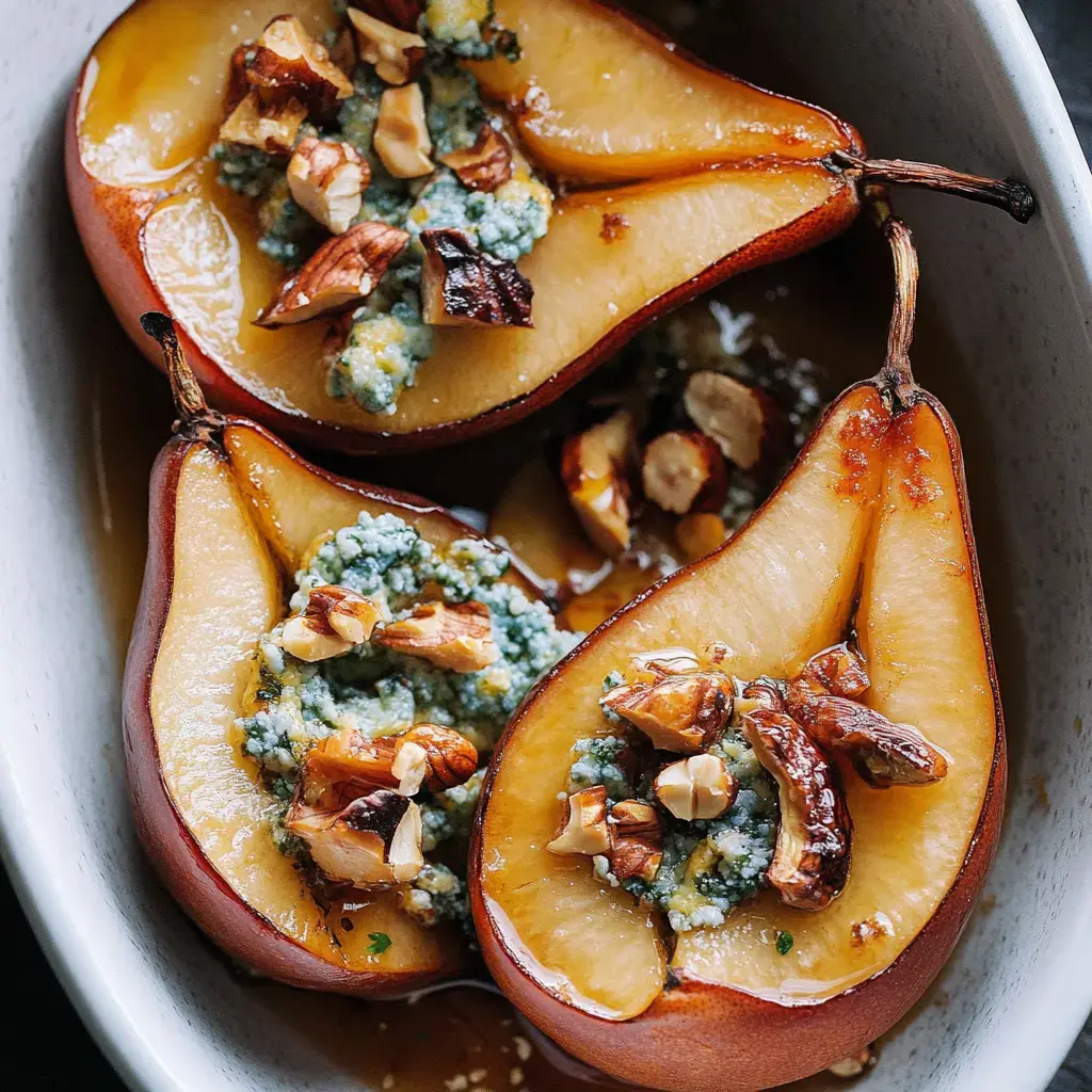 Zoomed-in roasted pears with gooey blue cheese and nuts in a white serving dish.