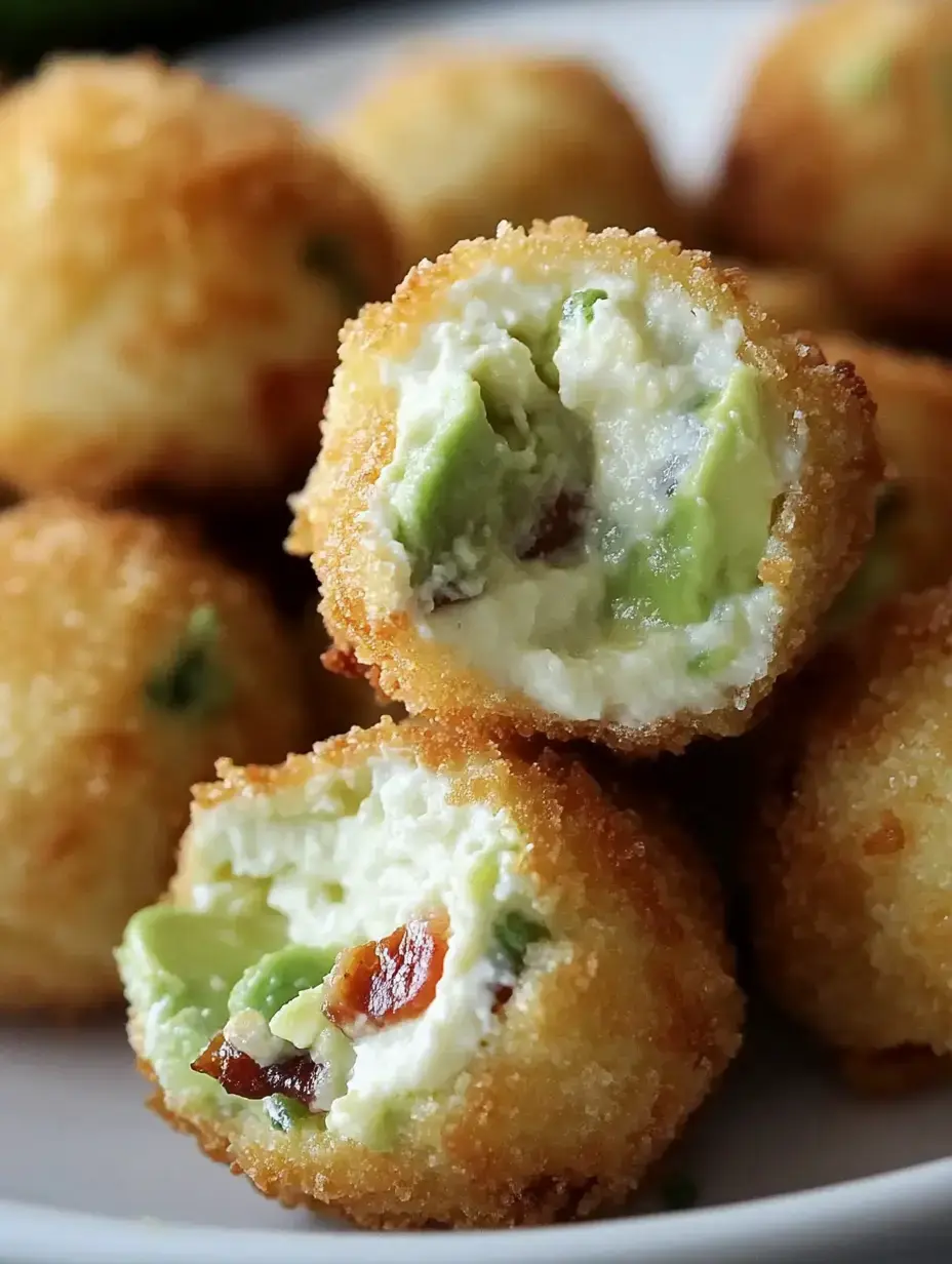 Closeup of a crunchy golden ball sliced open with a creamy, green and bacon-studded center.