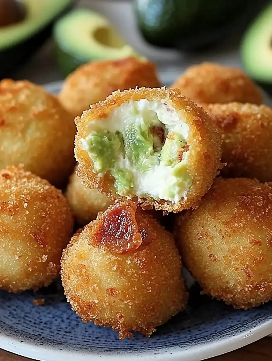 Fried golden bites filled with avocado and creamy cheese, one sliced open to show green filling.