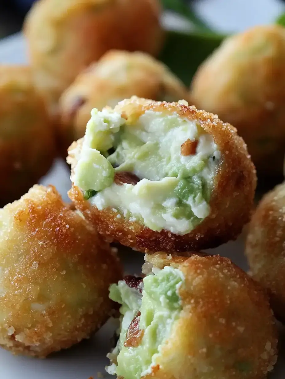 Super crispy golden bites with creamy avocado filling peeking out where they've been bitten.