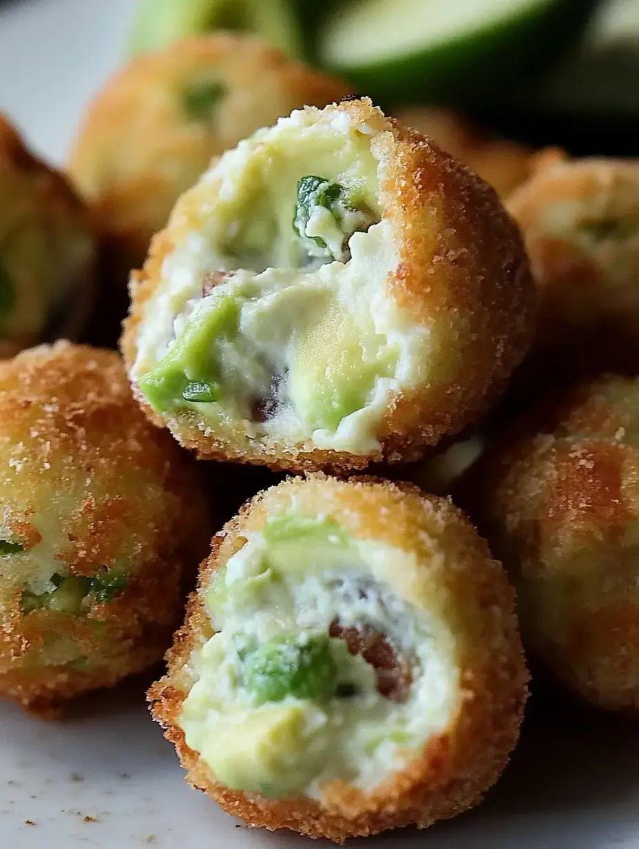 Golden, crispy avocado bites sliced to show a soft green cheese filling with bits of herbs throughout.