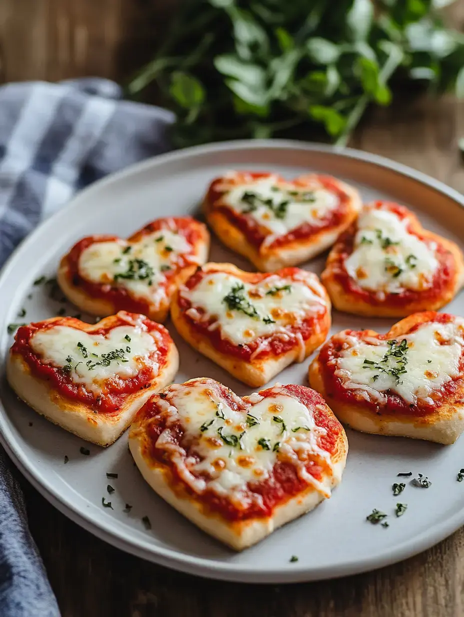 A plate stacked with mini heart pizzas loaded with sauce, gooey cheese, and a sprinkle of herbs.