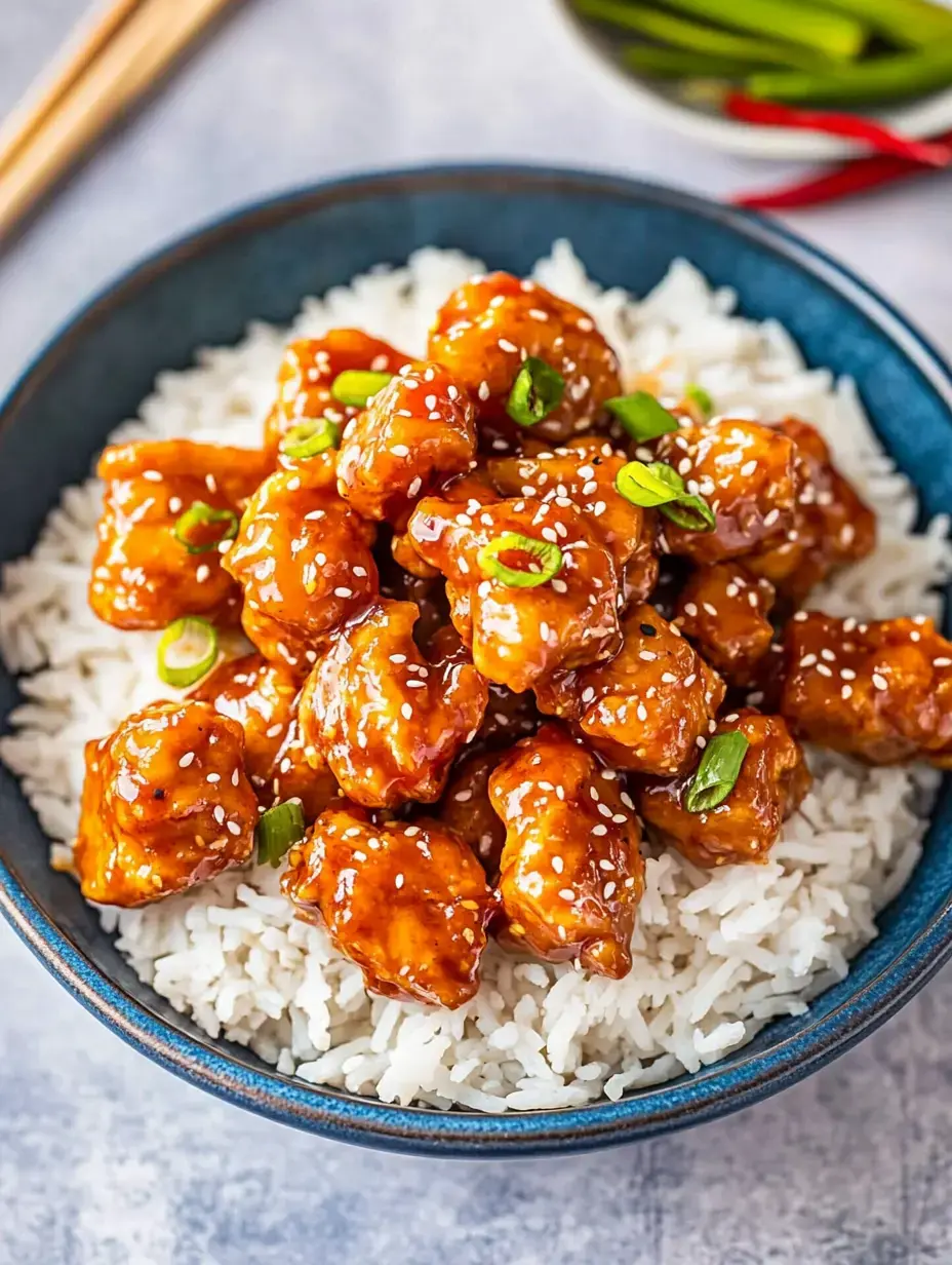 A blue bowl filled with white rice topped with sesame-coated orange chicken pieces and garnished with sliced green onions.