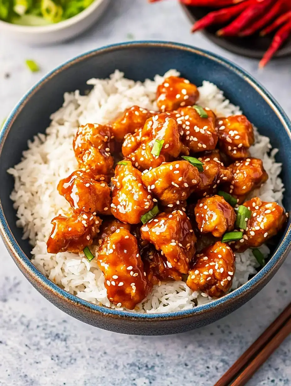 A bowl of white rice topped with glazed chicken pieces, garnished with green onions and sesame seeds.
