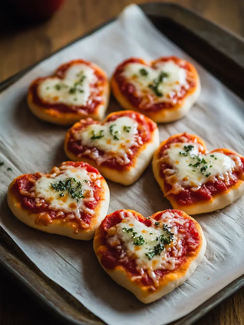 A fresh tray covered with heart mini pizzas brimming with melted cheese and herbs on baking paper.