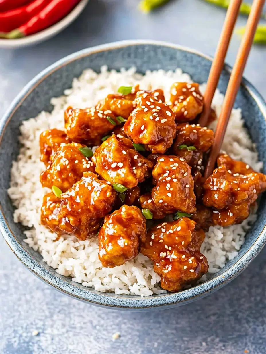 A bowl of white rice topped with glazed chicken pieces, garnished with sesame seeds and green onions, with chopsticks resting on the side.
