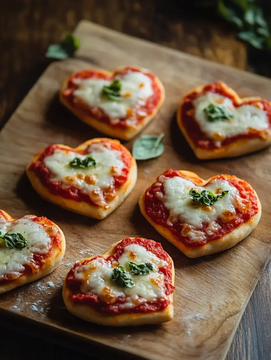 Several heart pizzas with cheesy tops and tomato sauce on a wooden board, ready to eat.
