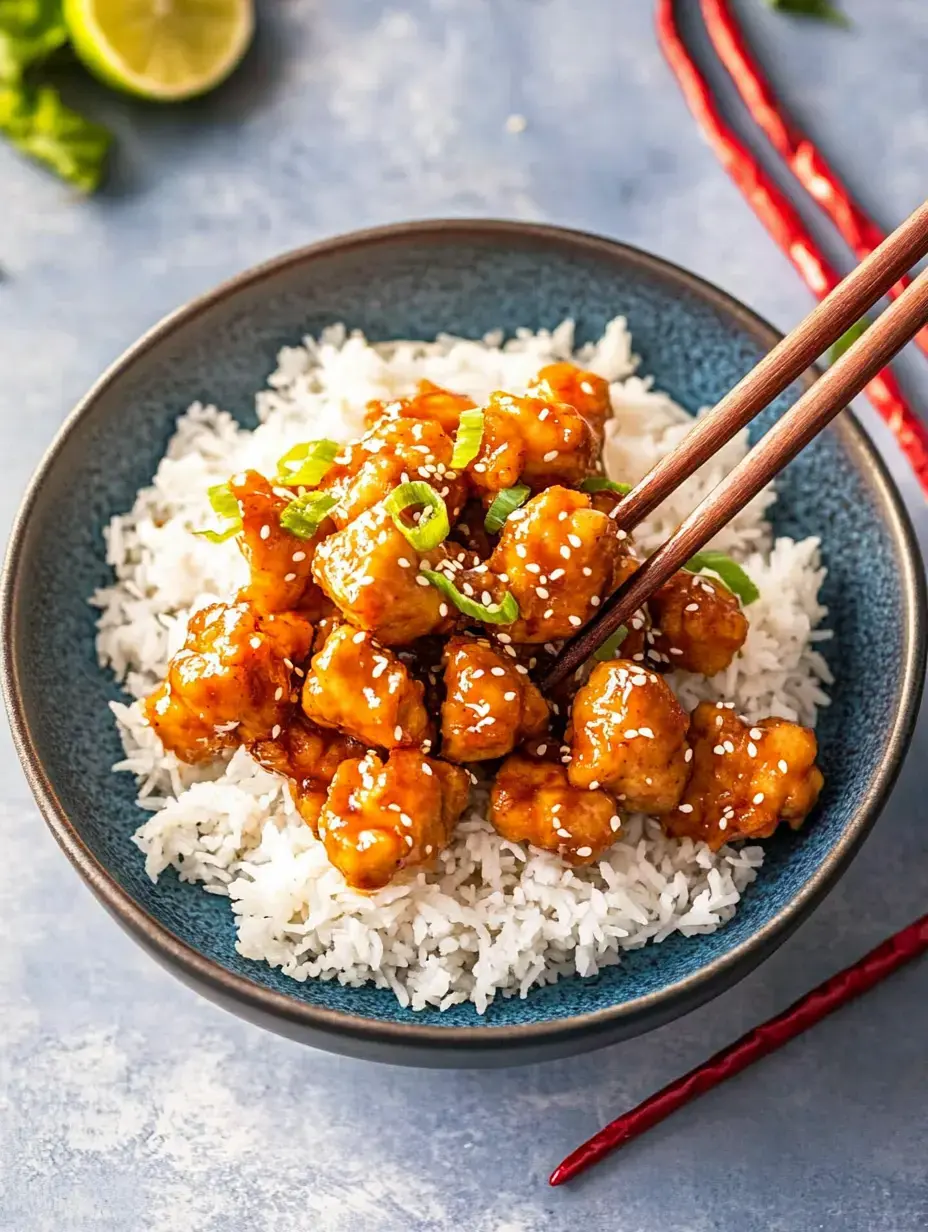 A bowl of white rice topped with orange chicken, green onions, and sesame seeds, with chopsticks and a lime wedge on the side.