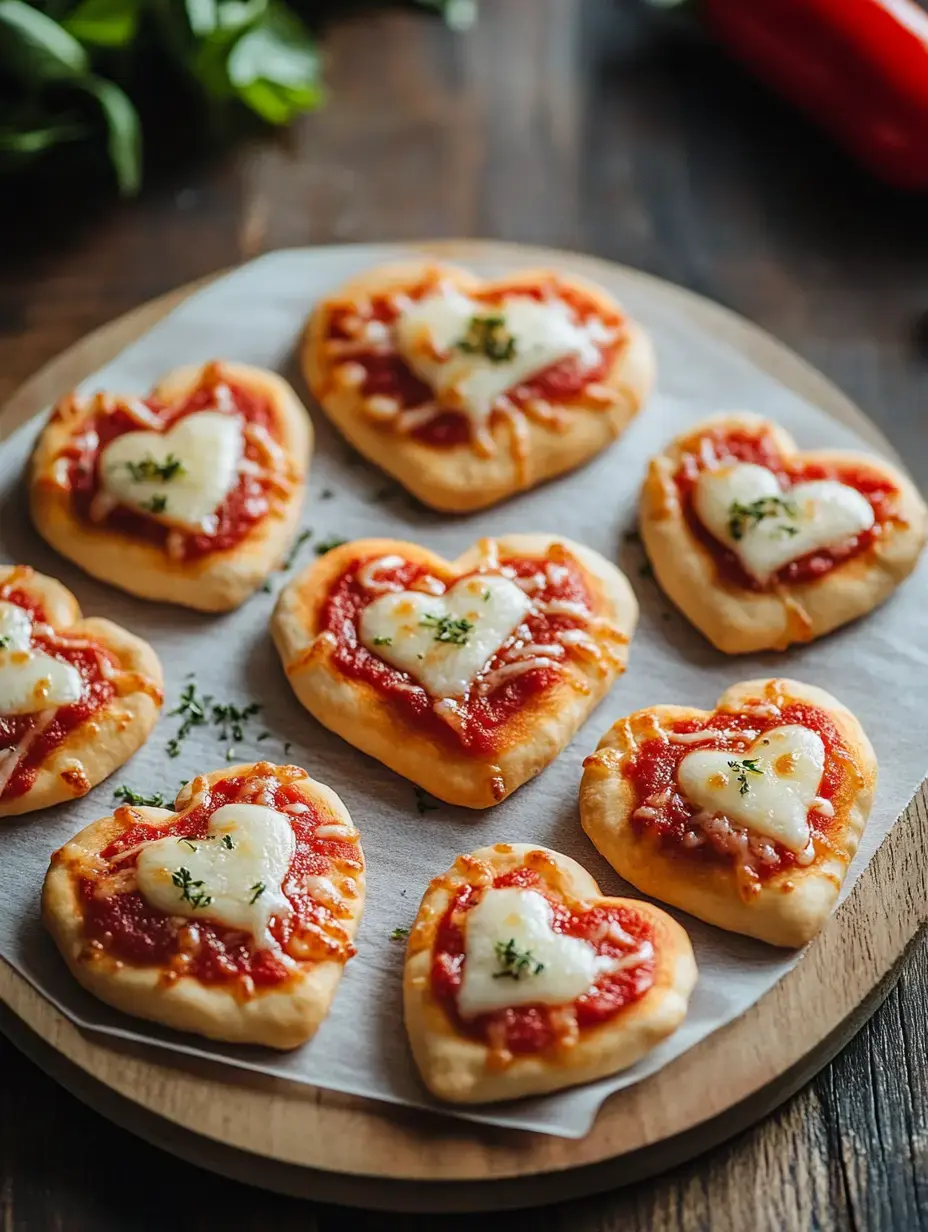 A rustic wood tray loaded with mini heart pizzas topped with chewy cheese, tomato, and herbs.