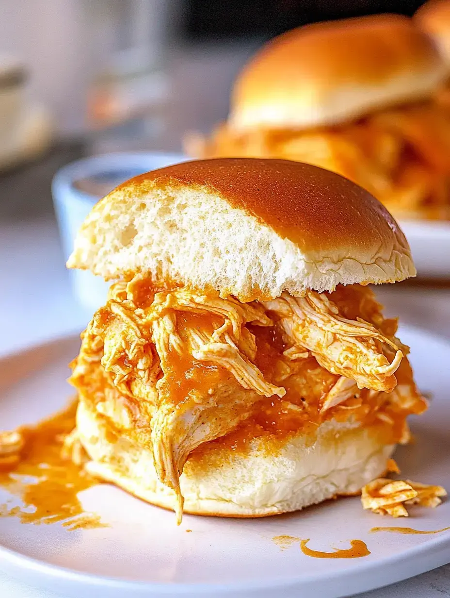 A close-up of a pulled chicken sandwich with a bold orange sauce tucked in a soft bun, set on a plate.