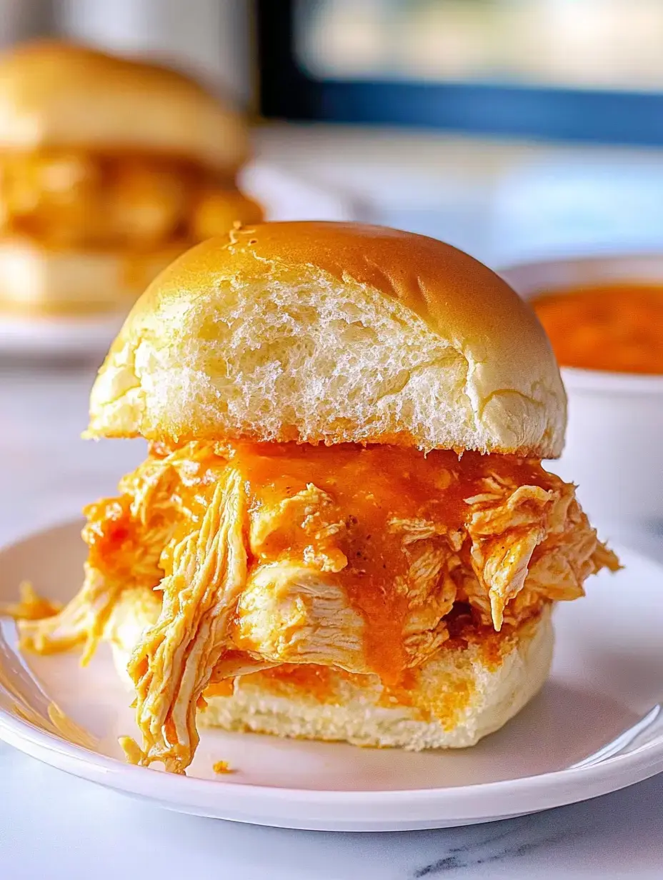 A close view of a shredded chicken sandwich slathered in a bright sauce, all nestled in a soft golden roll with another sandwich peeking behind.