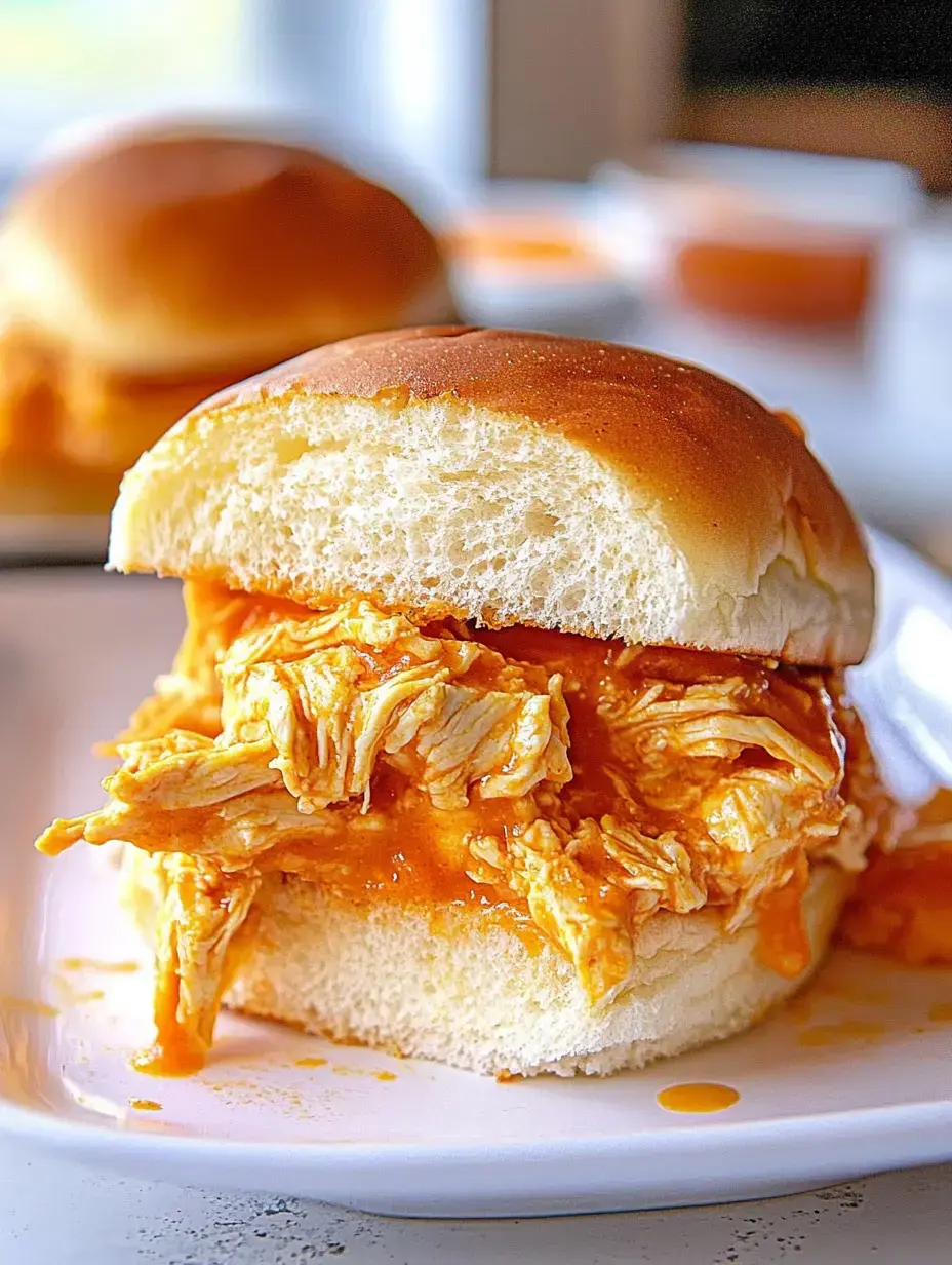 A close shot of a pulled chicken sandwich with a shiny orange sauce, super soft roll, and bits of shredded chicken falling out.