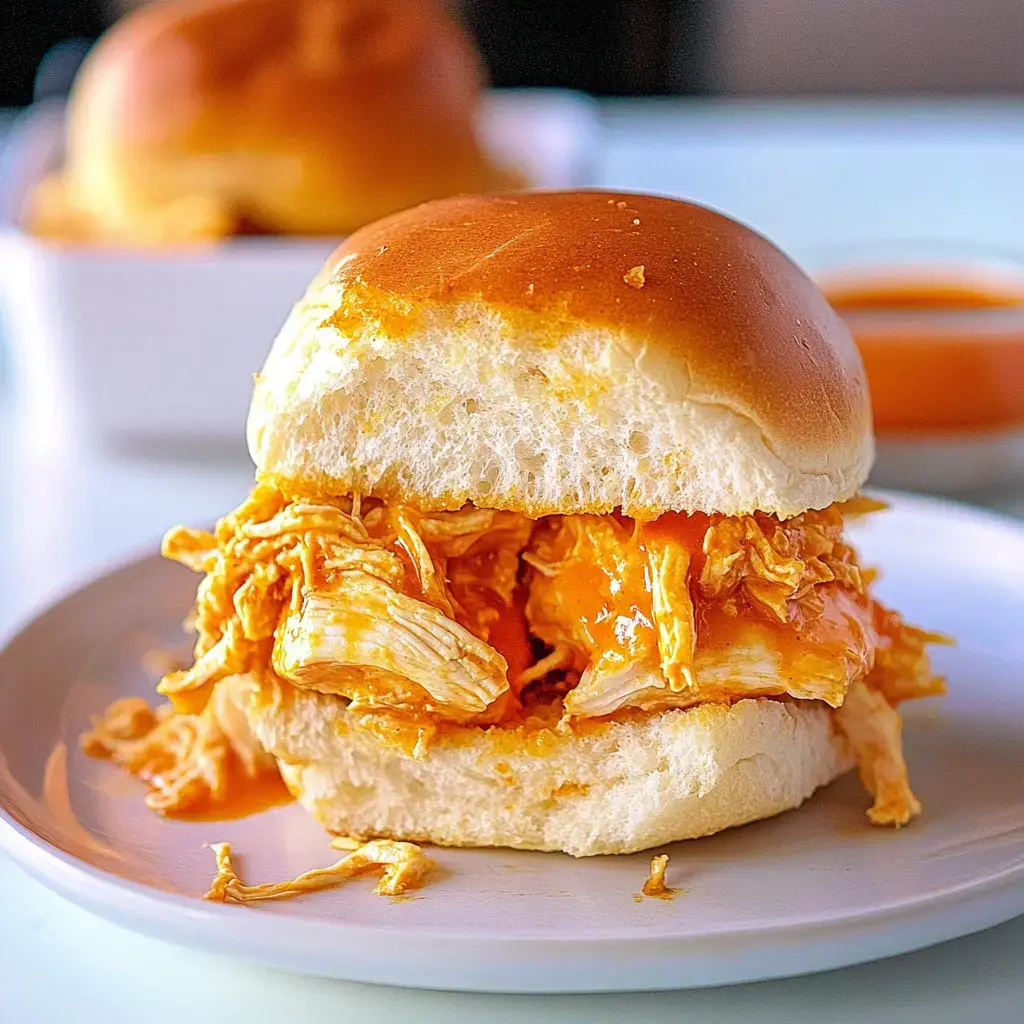 A close shot of a pulled chicken sandwich with a shiny roll sitting next to a little cup of sauce.