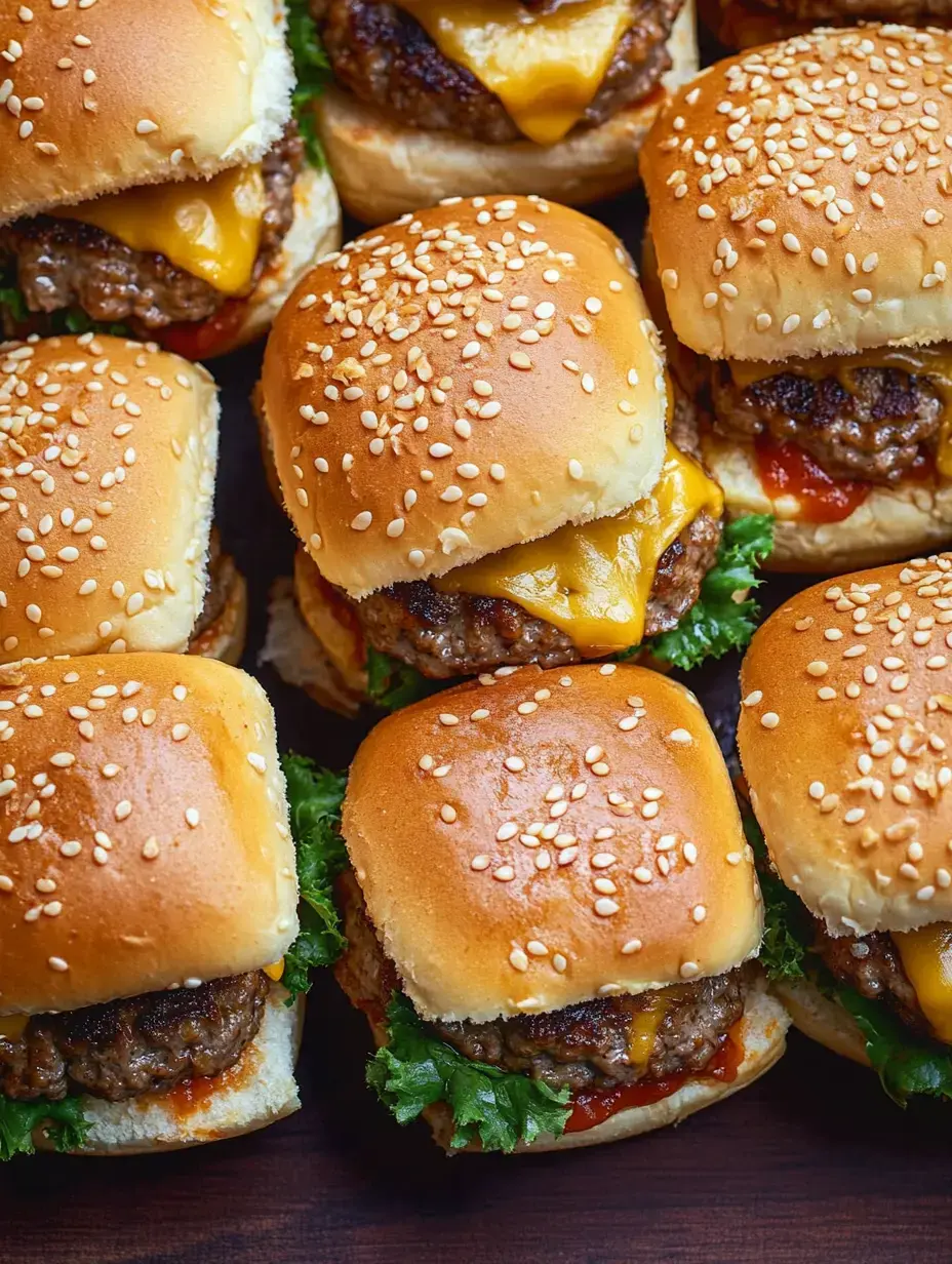 A close-up shot of cheeseburgers with sesame buns, packed with cheese, lettuce, and ketchup on wood.