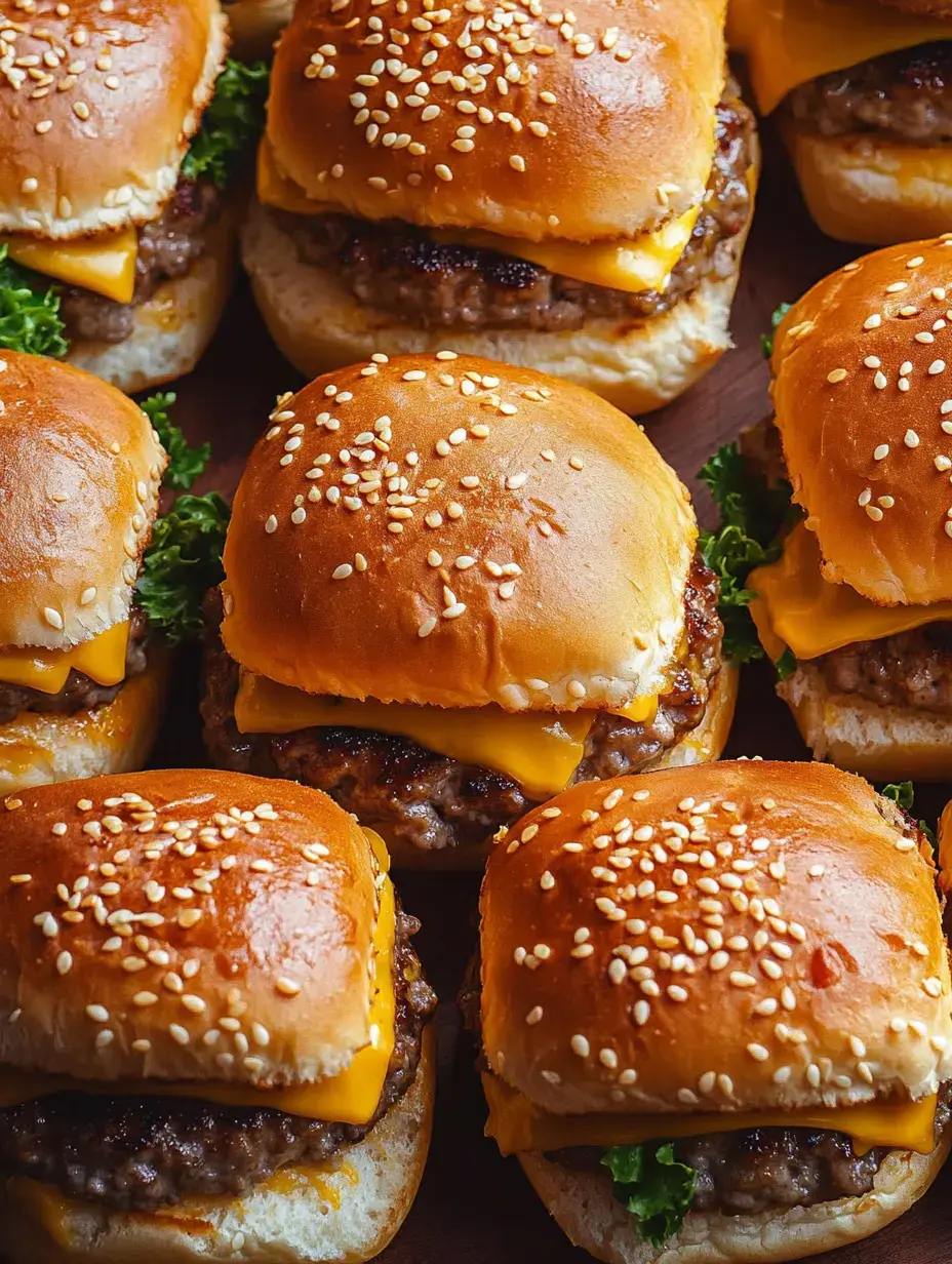 A close-up of cheeseburgers in sesame buns, showing off the melted cheese and lettuce layers.