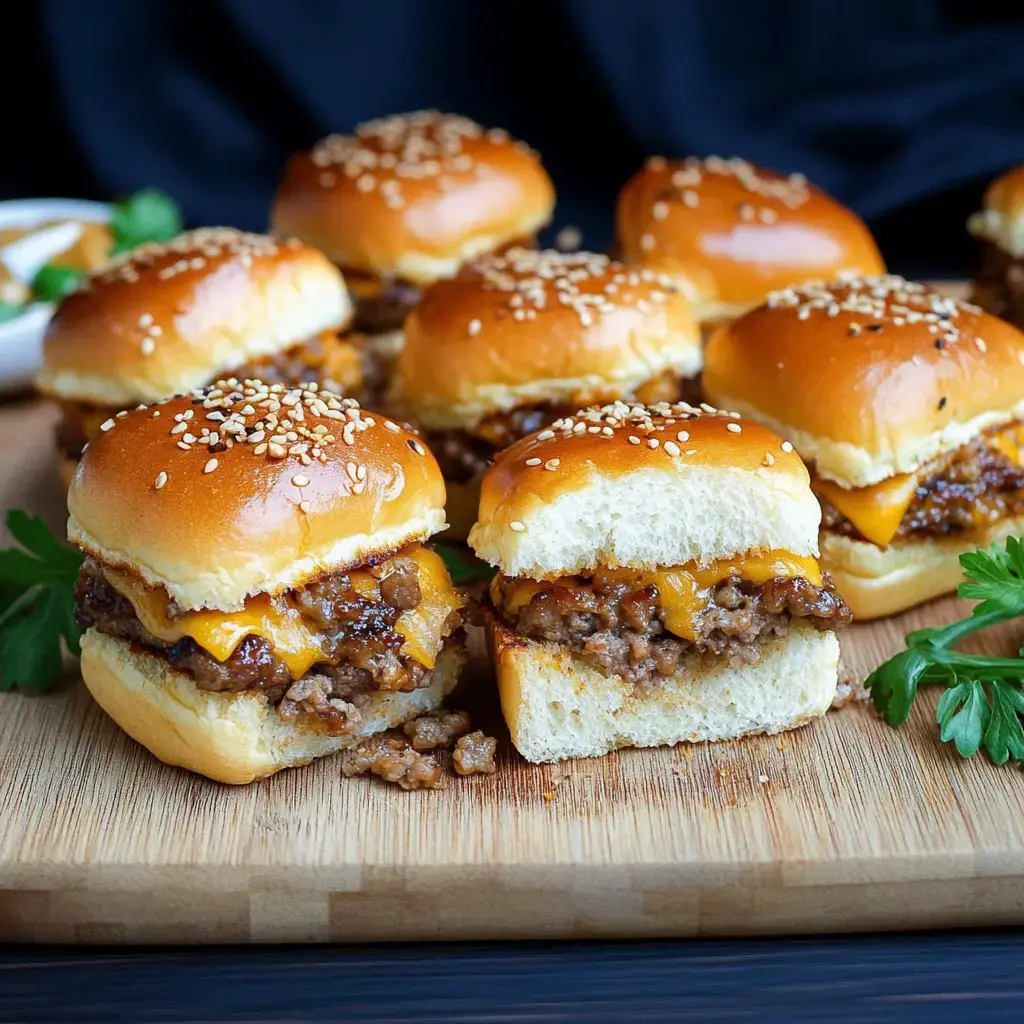 A wooden board full of cheeseburger sliders in sesame buns, some sliced to show beef and cheese inside.