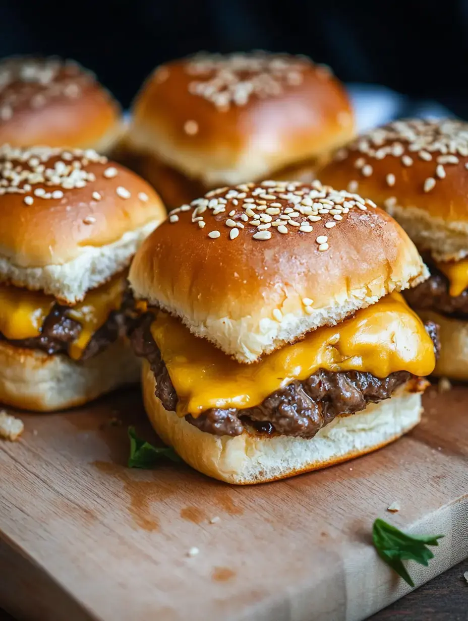 A wooden cutting board arranged with lots of cheeseburger sliders with sesame buns, all ready to grab.