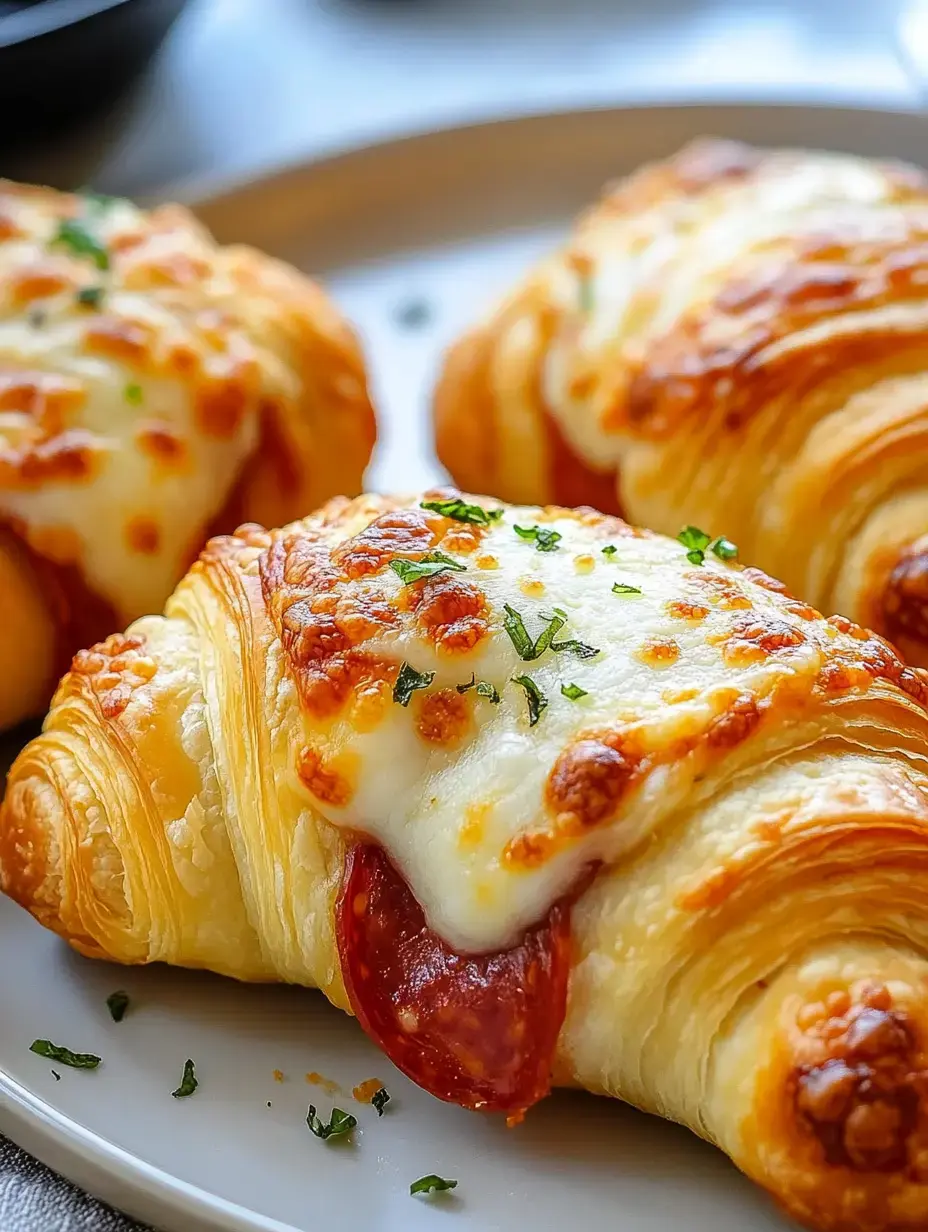 Flaky golden crescents loaded with melted cheese, pepperoni, and bits of green herbs on a white dish.