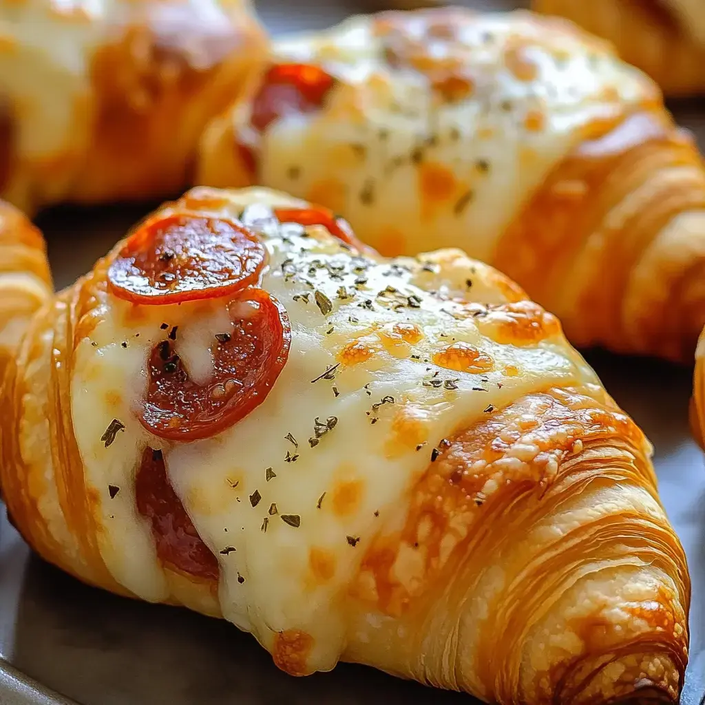 Baked golden crescents with stretchy cheese, pepperoni, and a sprinkle of garden herbs.