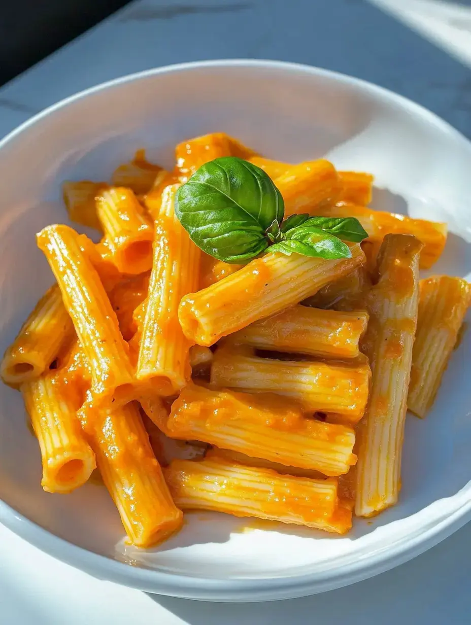 A plate of rigatoni noodles covered in creamy orange sauce and fresh basil on top.