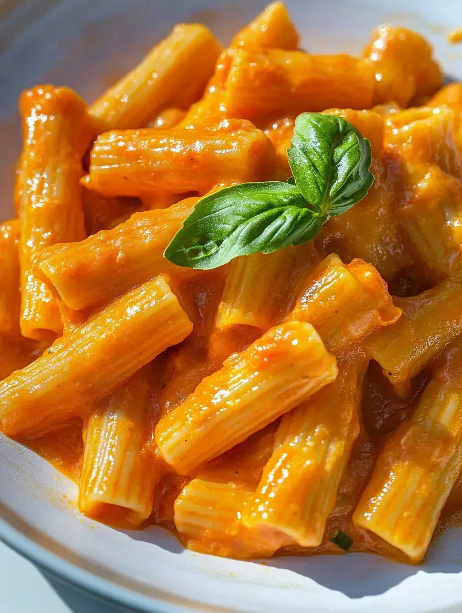 Close shot of rigatoni with creamy orange sauce and fresh basil on top.