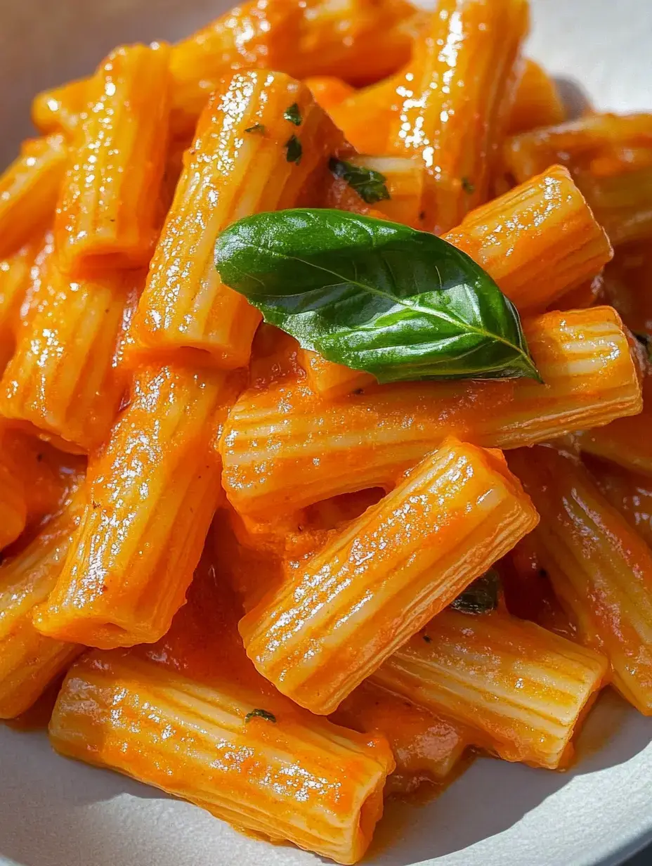 Close-up of rigatoni pasta in a rich tomato sauce with a basil leaf on top.