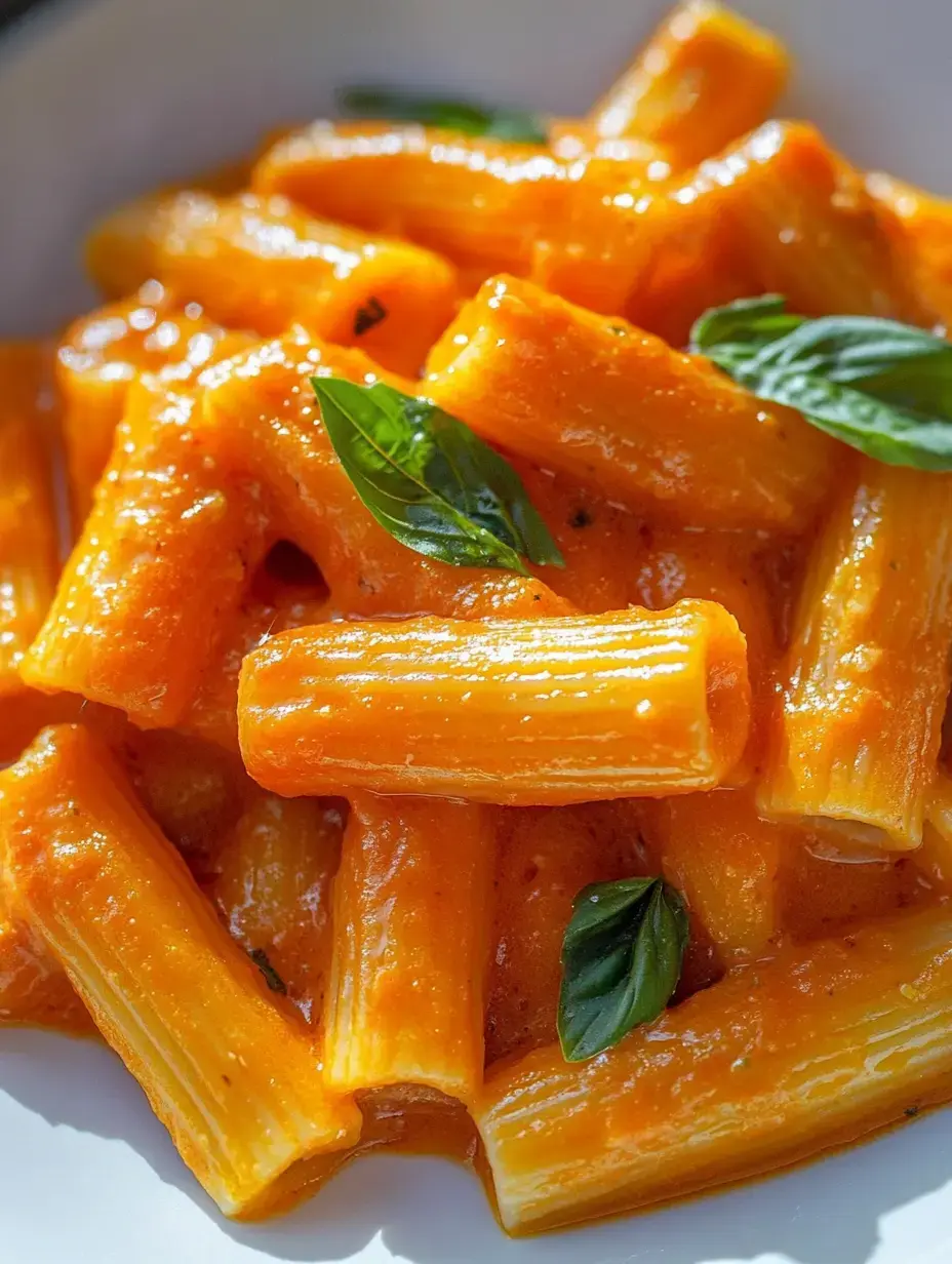 A bowl of rigatoni in bright orange sauce, topped with fresh basil leaves.