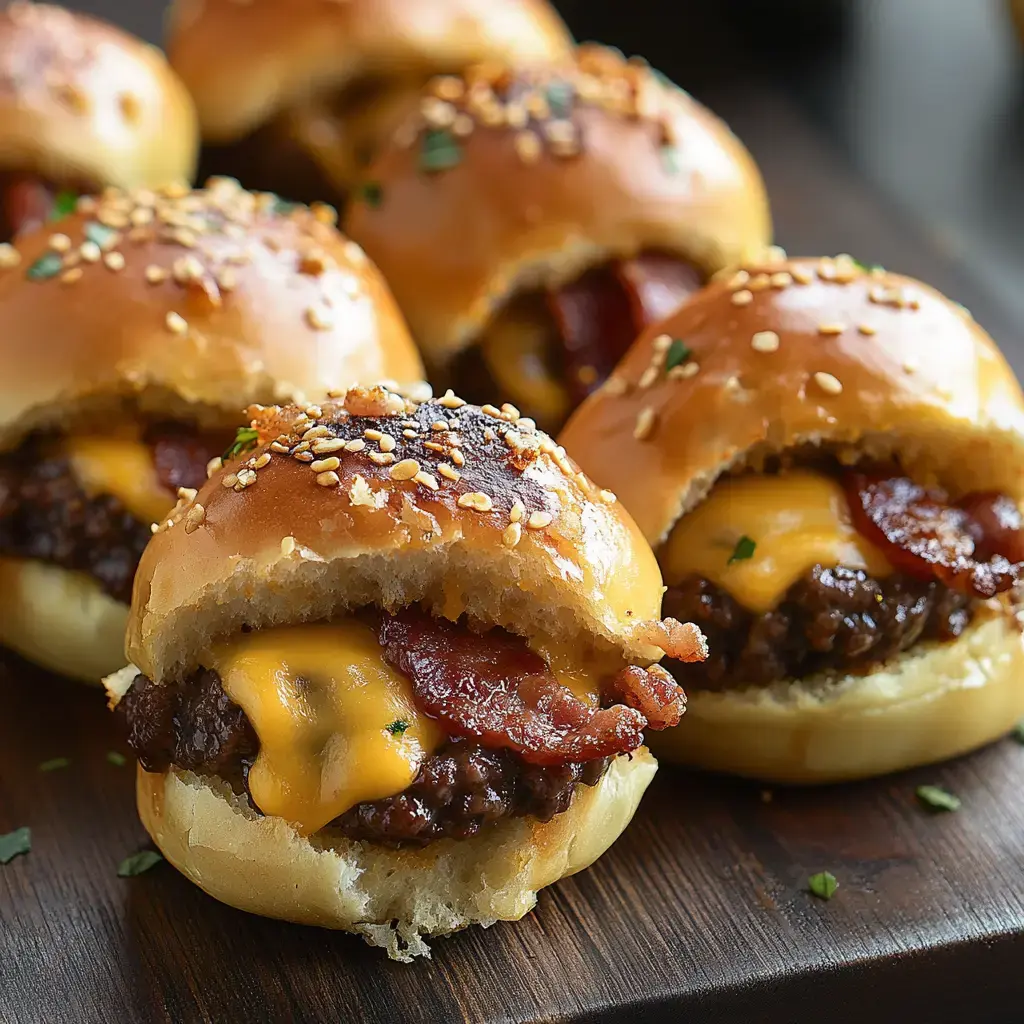 Mini burgers oozing cheese and crispy bacon, topped with sesame seeds and fresh herbs are front and center in this close shot.