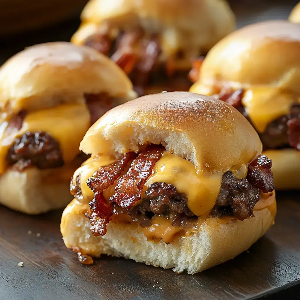 Mini cheeseburgers piled with bacon rest on a wooden board in this close-up view.