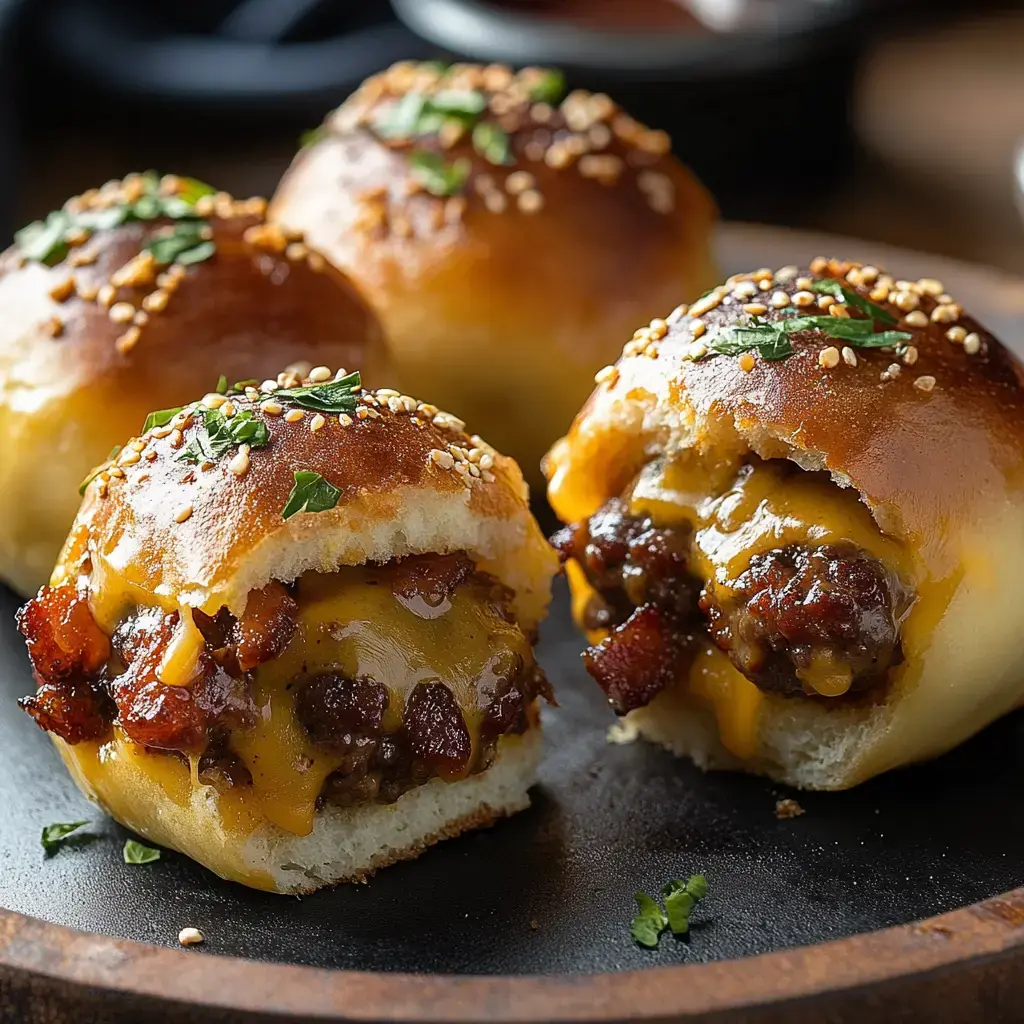 Golden burger buns packed with cheese and bacon topped with sesame and parsley are shown up close.