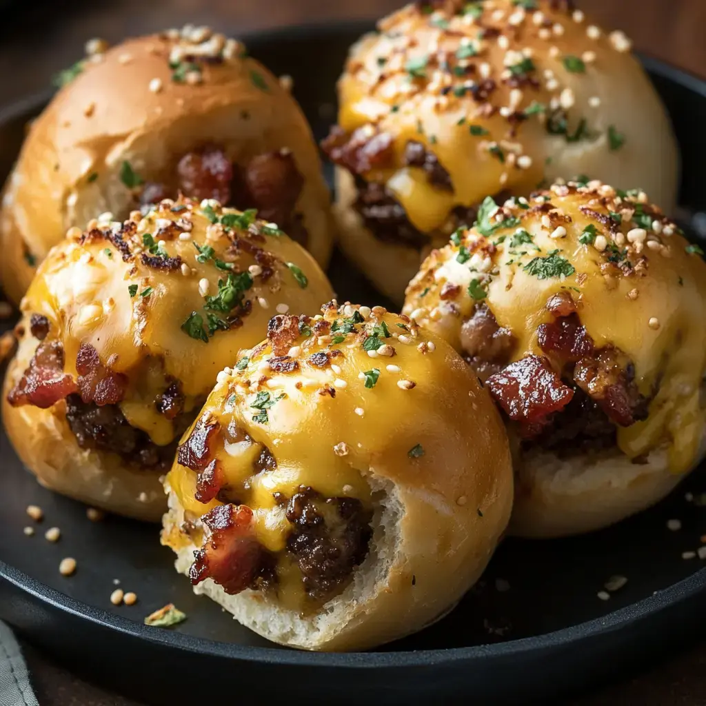 A big plate of cheesy, bacon-topped mini buns sprinkled with sesame, with one piece half-eaten shows all the gooey goodness inside.