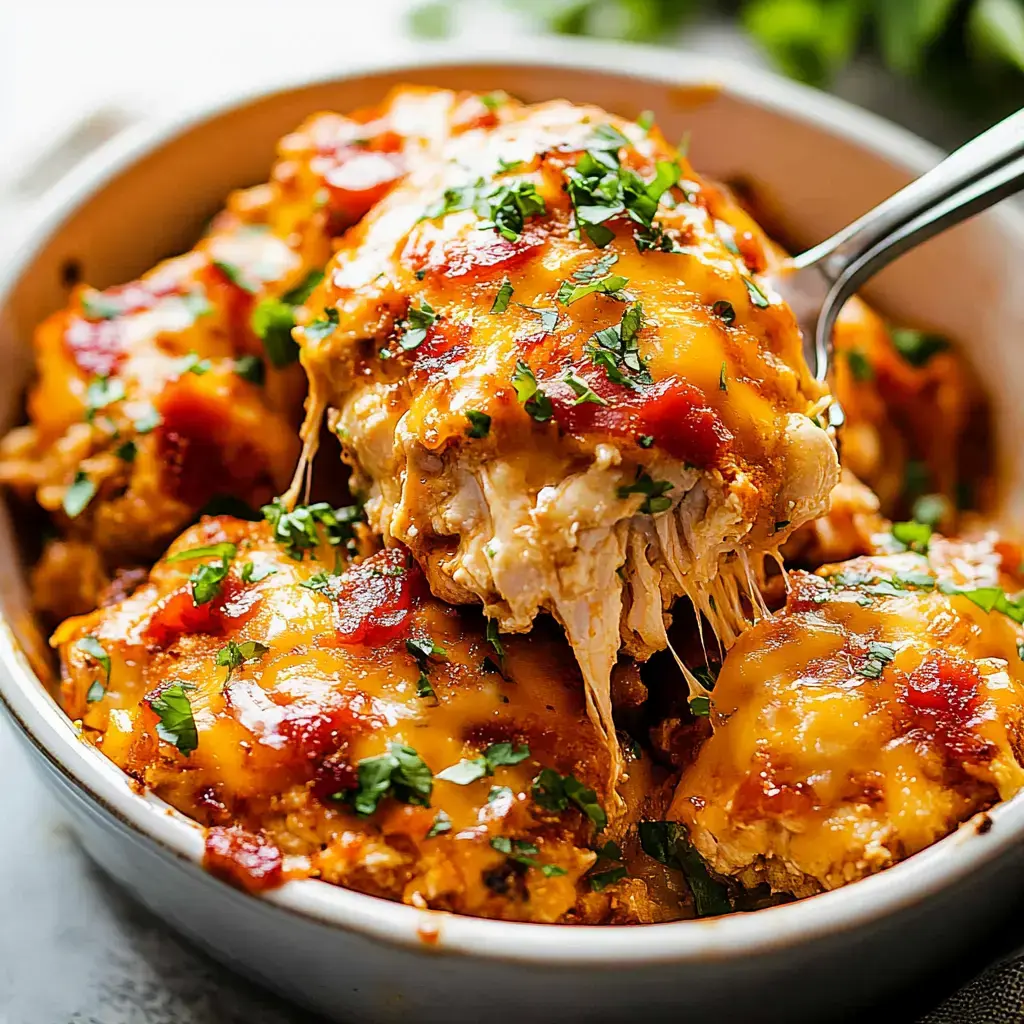 Cheesy baked chicken with crispy bacon, melted cheese, and ranch flavoring, garnished with fresh herbs.