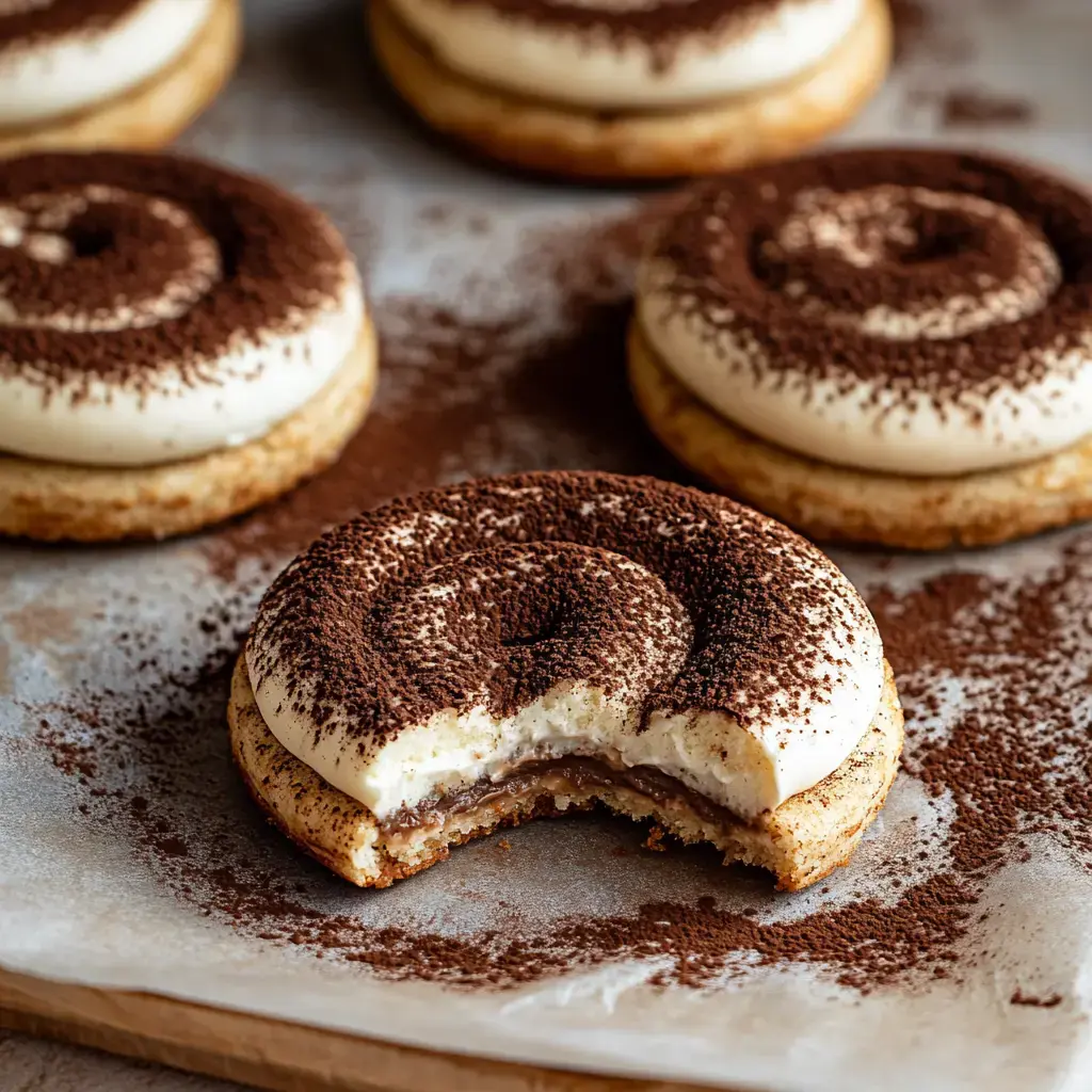 A close-up of a cookie bitten into, showing creamy filling inside and cocoa powder on top, surrounded by similar ones on a baking pan.