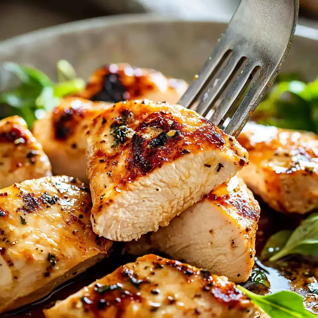 Close-up of moist chicken pieces cooked with a golden crust, sprinkled with herbs, and pierced with a fork.