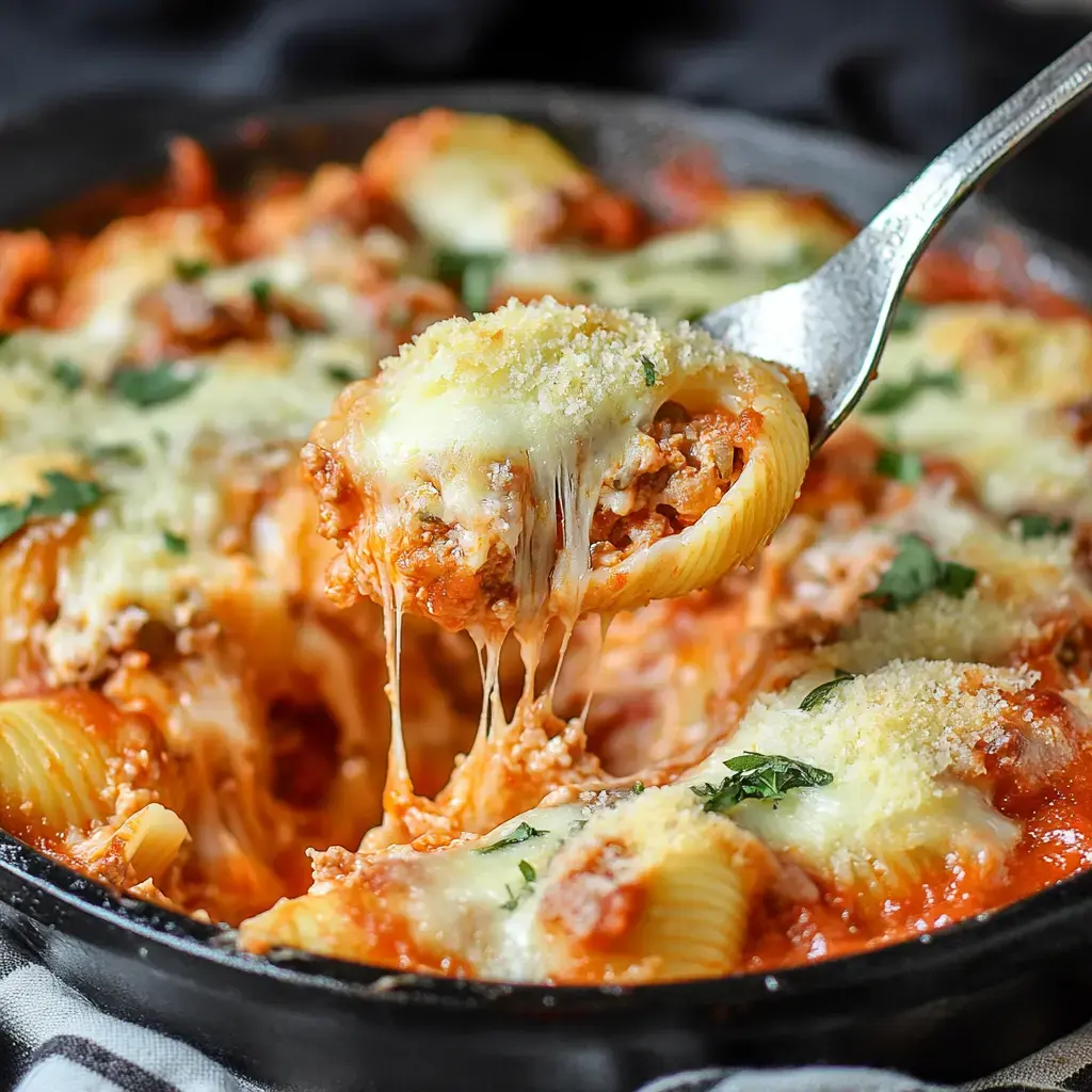 A fork lifts a gooey, cheesy stuffed shell from a skillet filled with marinara and melted cheese, sprinkled with fresh herbs.