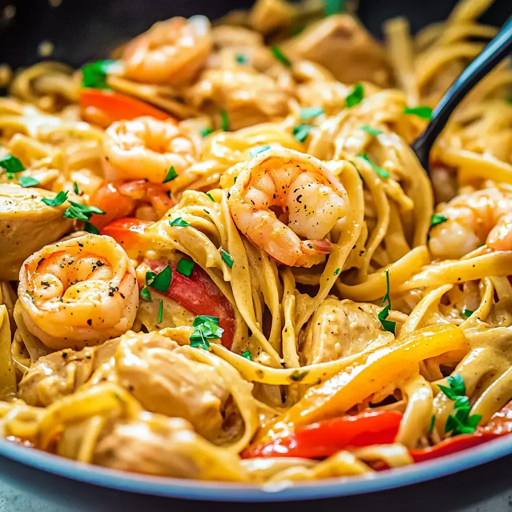 Close-up of creamy shrimp, chicken, and pepper pasta topped with parsley.