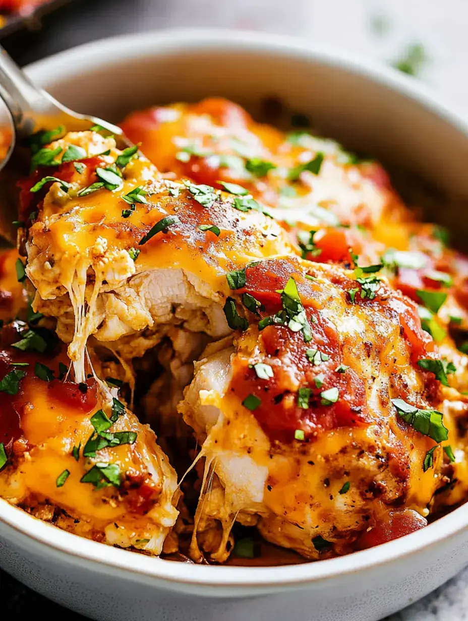 A bowl of cheesy chicken topped with salsa and fresh green herbs—super inviting.