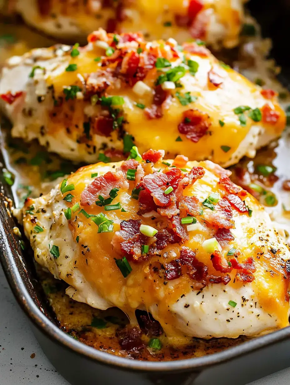 Chicken breasts fresh from the oven with layers of melty cheese, crunchy bacon, and bright onions in a serving tray.