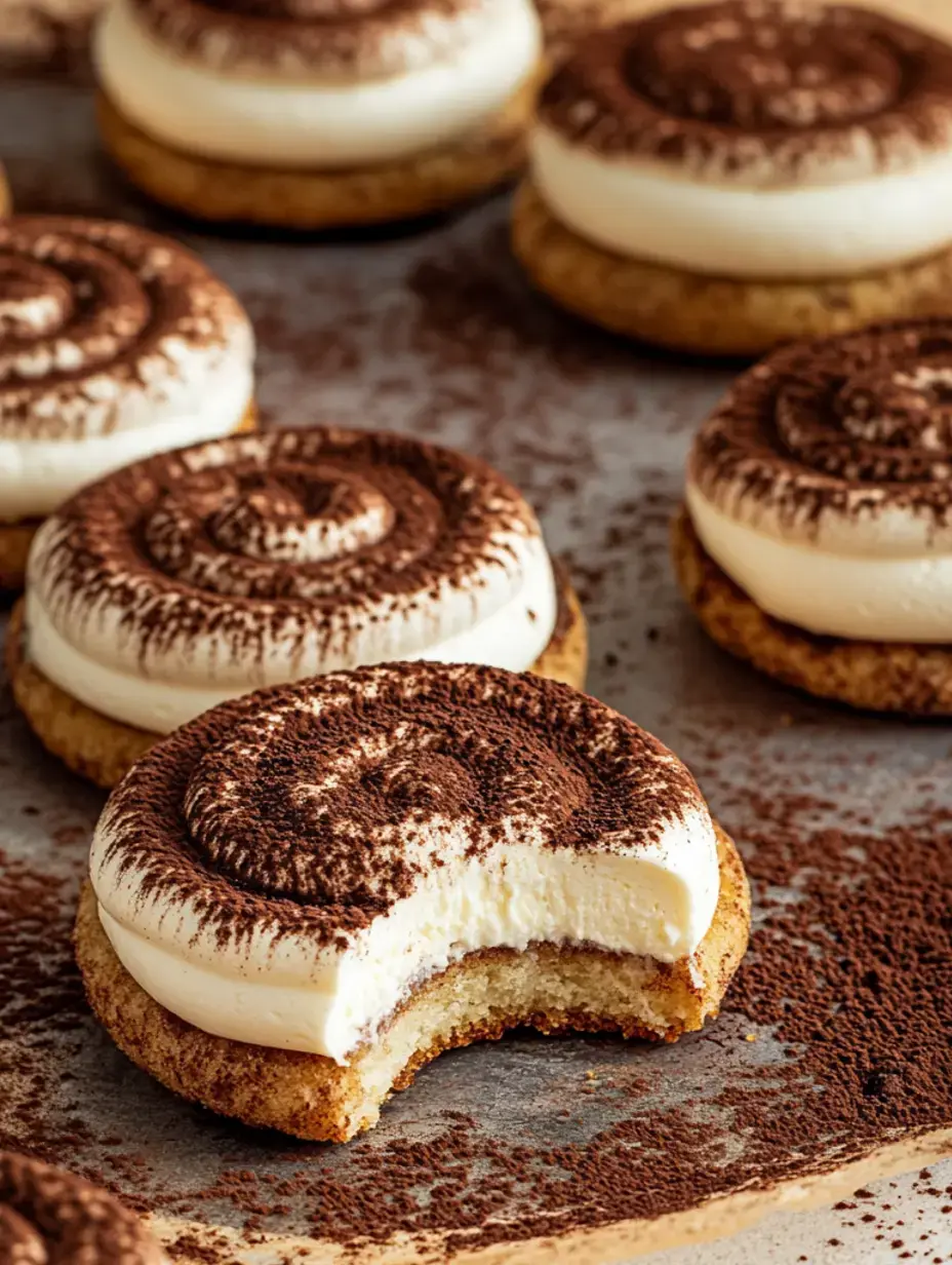 Zoom in on cookies with creamy topping and cocoa powder, plus one cookie with a bite missing.