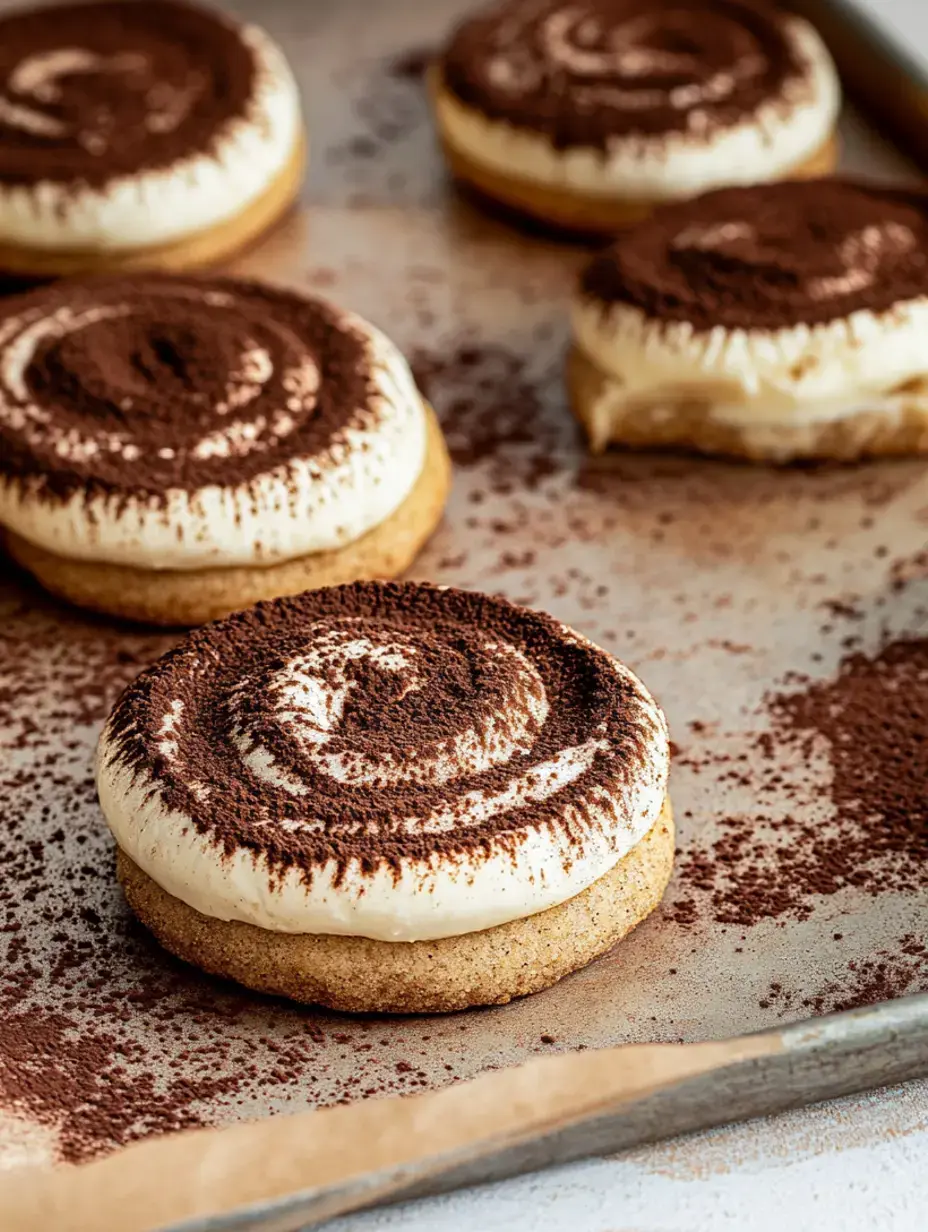 Close-up of several cookies on a tray, with thick cream and cocoa on top.