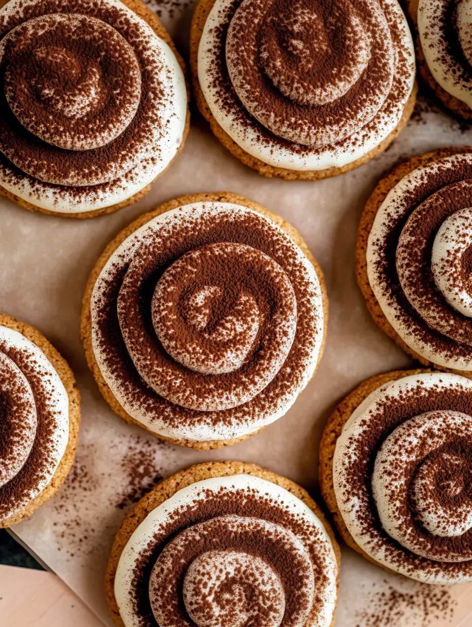 Several cookies topped with white cream and cocoa, close up and pretty.