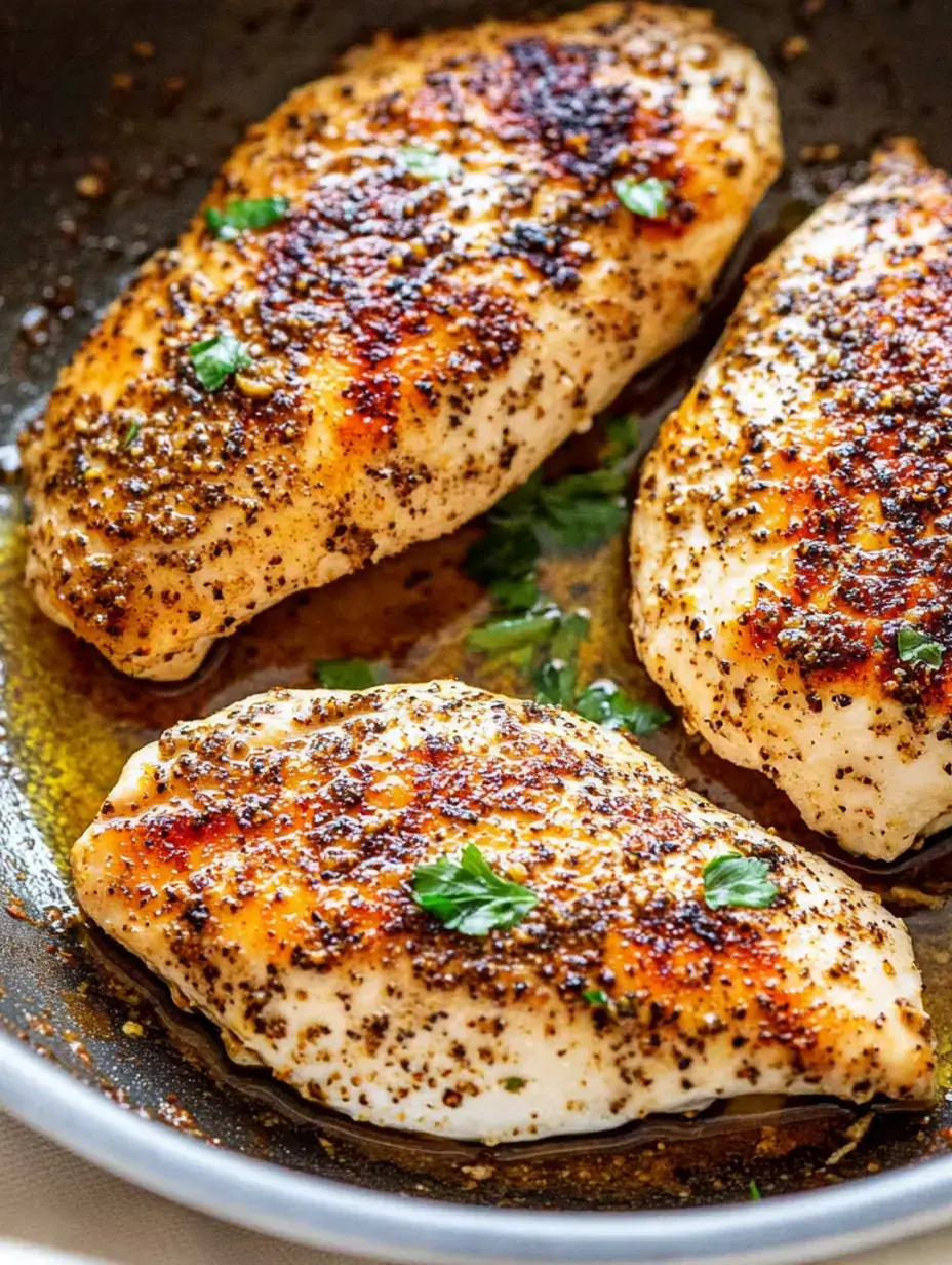 Three perfectly browned chicken breasts sizzling in a skillet with a pop of fresh herbs on top.