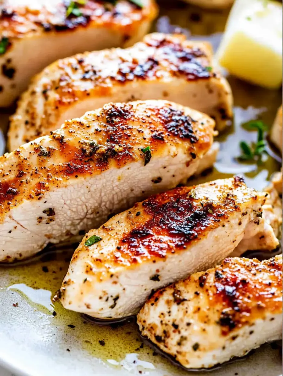Seasoned pieces of grilled chicken breast on a plate shining with herbs and a touch of oil.