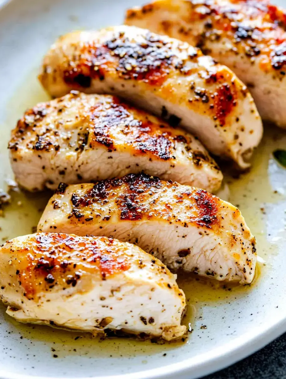 Juicy strips of grilled chicken breast line a plate topped with a sprinkle of herbs and a glossy finish from the oil.