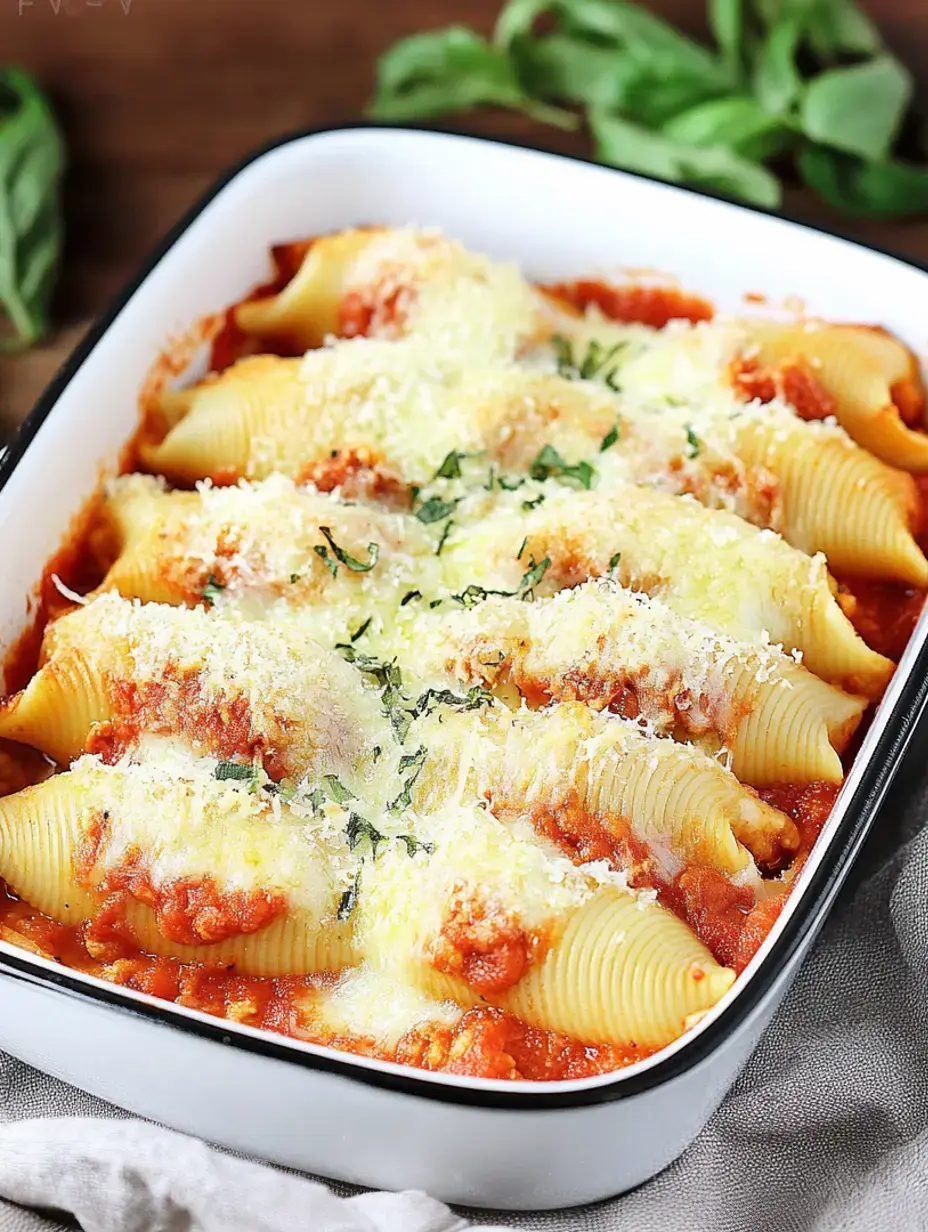 A plate holding pasta shells overflowing with cheese and herbs, baked with tomato sauce, and sprinkled on top with more cheese.
