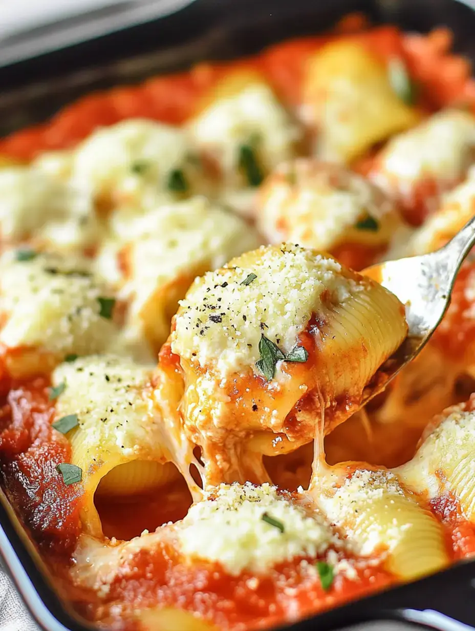 A fork picking up a gooey pasta shell dripping with tomato sauce and melted cheese, with more shells and sauce in the background.