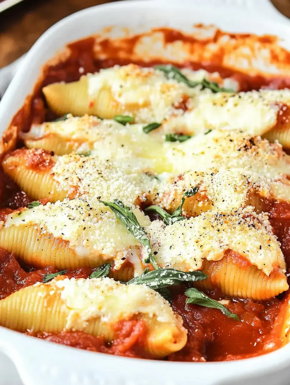 Zoomed-in shot showing pasta shells loaded with cheese and herbs, covered in sauce, and finished with grated cheese.